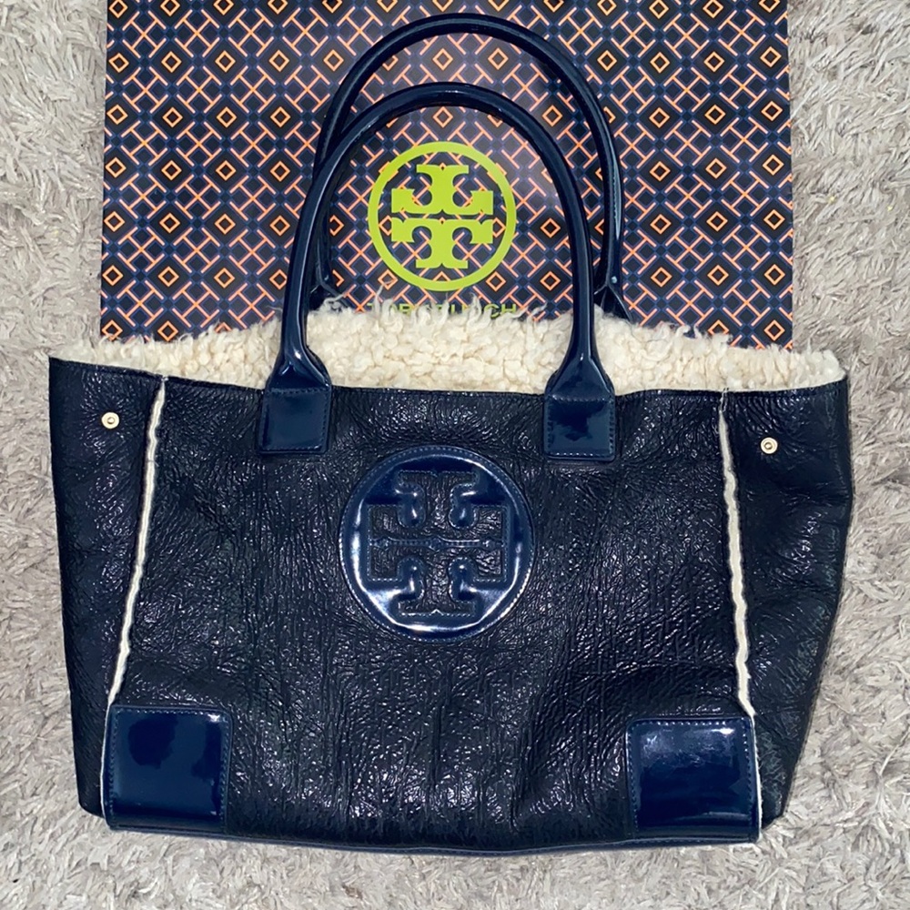 Authentic Tory Burch Patent Shearling Tote